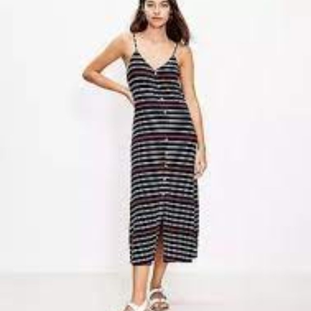 LOFT Striped Button Trim Maxi Dress